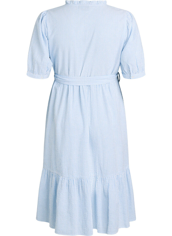 Striped midi dress in cotton with a tie-belt, White, Packshot image number 1