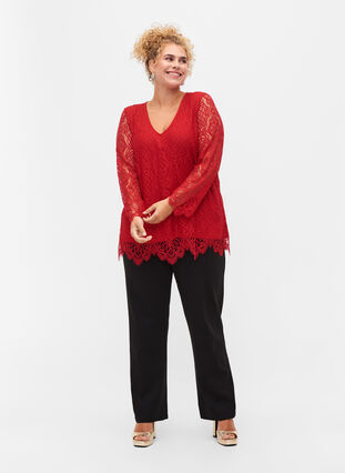 Long-sleeved lace blouse with v-neck, Tango Red, Model image number 2