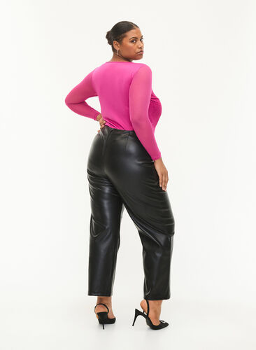 Imitated leather trousers with a wide leg., Black, Model image number 1