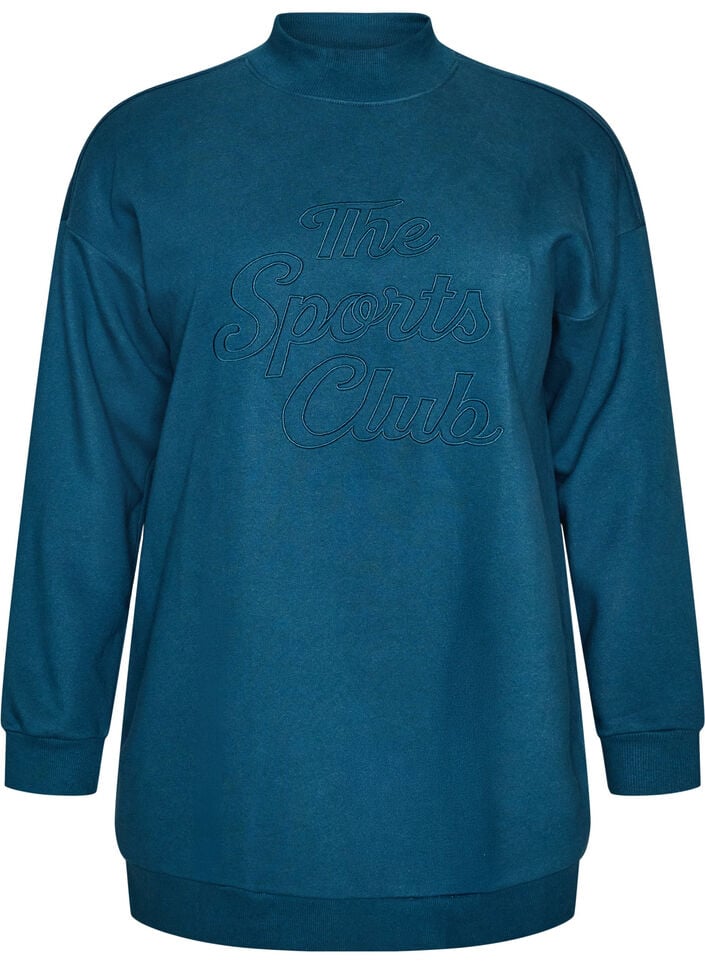 Long sweatshirt with high neck and embroidered text, Blue, Packshot image number 0