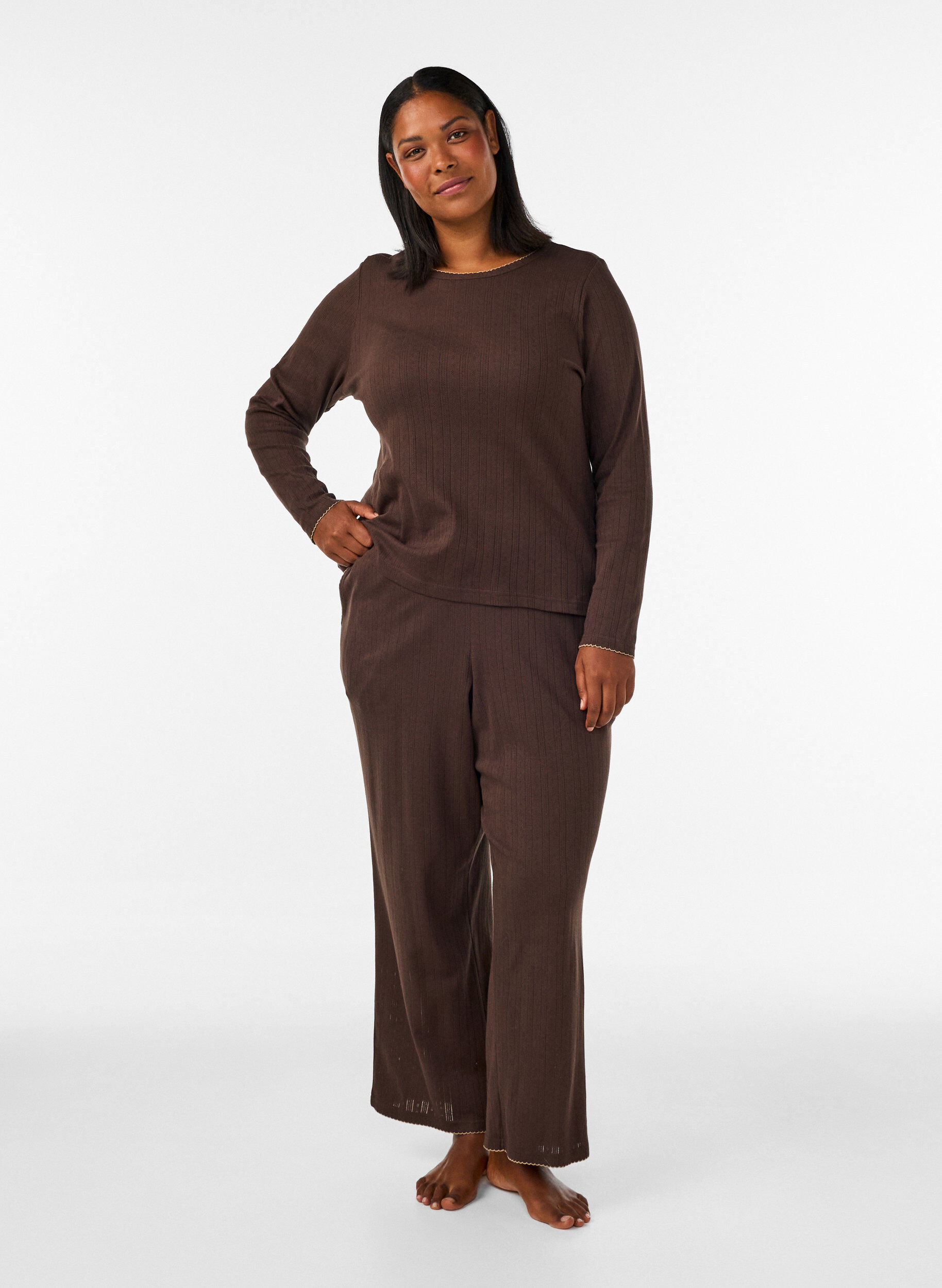 ZizzifashionOrganic cotton pyjama bottoms with eyelet embroidery, Brown, Model image number 1