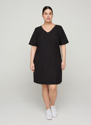 Plain-coloured sheath dress with a v-neck, Black, Model image number 2