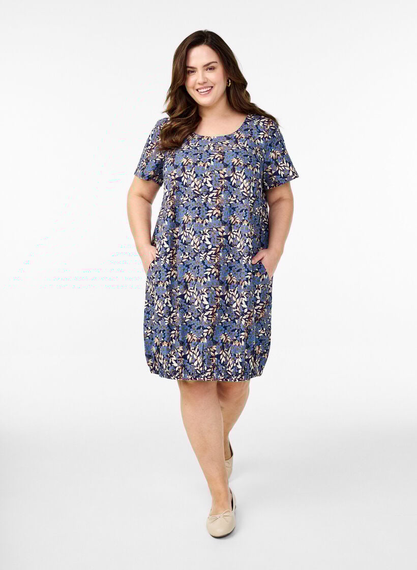Short-sleeved cotton dress with print, Blue, Model image number 1