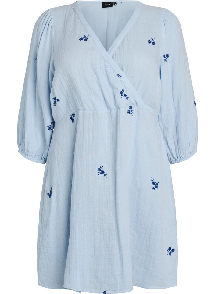 Short cotton muslin dress with embroidered details, Light Blue, Packshot image number 0