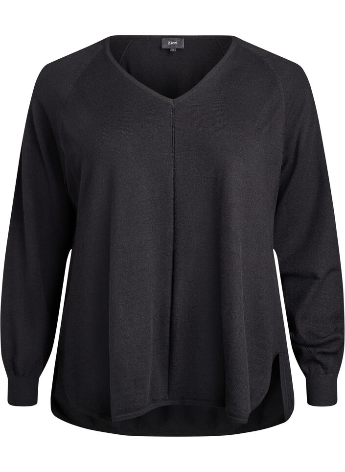 Fine-knit blouse with v-neck and front detail, Black, Packshot image number 0