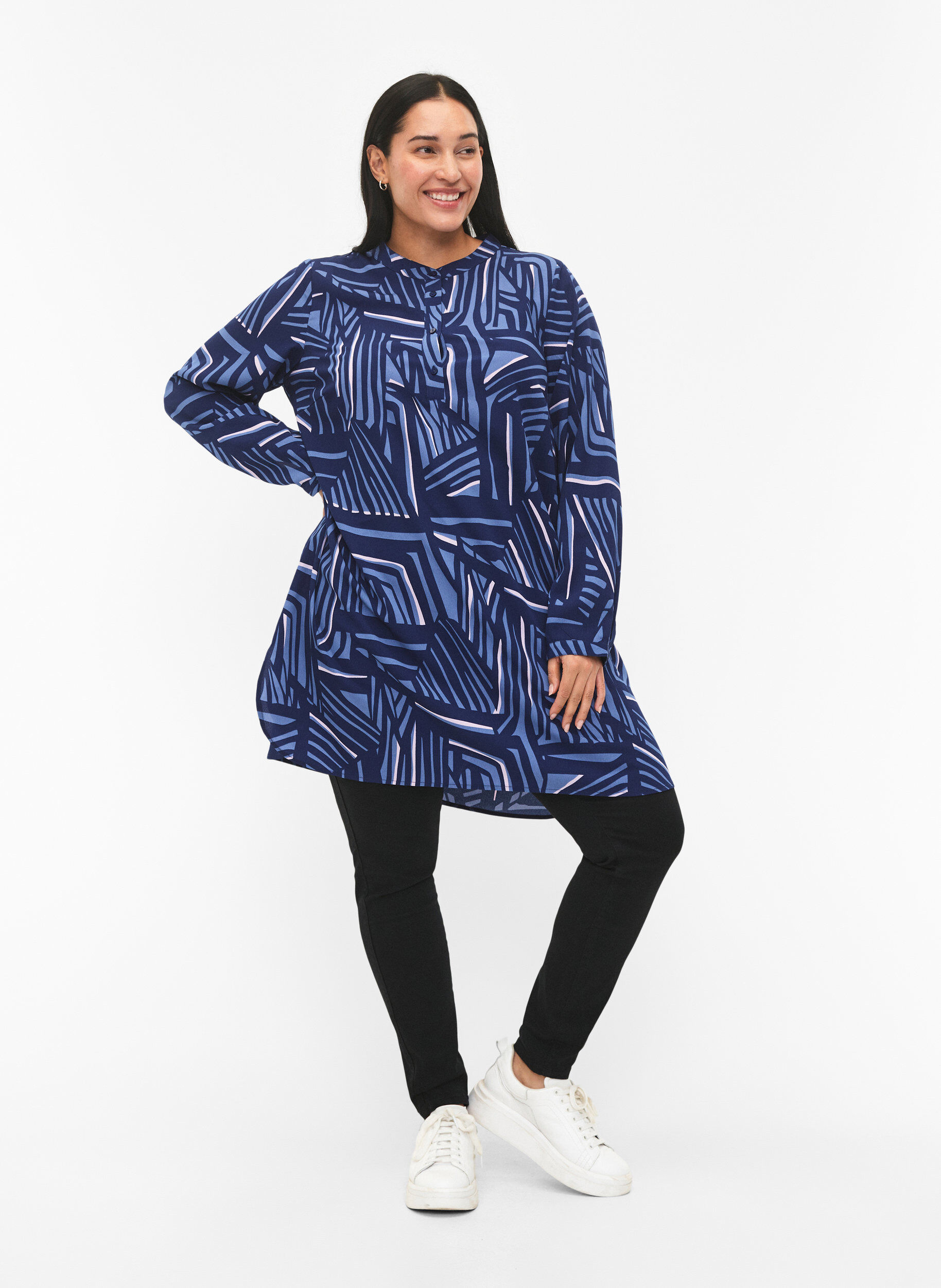 Zizzifashion FLASH - Printed tunic with long sleeves, Medieval Blue AOP, Model image number 2
