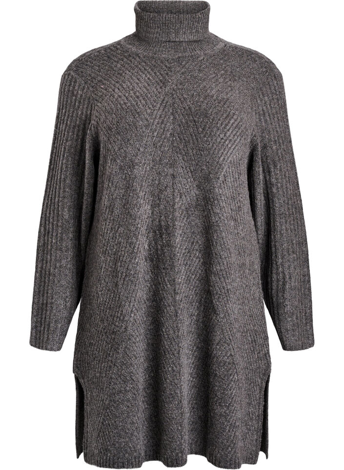 Short knitted dress with a turtleneck and ribbed texture, Dark Grey, Packshot image number 0