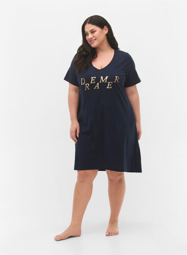 Organic cotton nightdress with V-neck , Navy Bl. W. Dreamer, Model image number 2