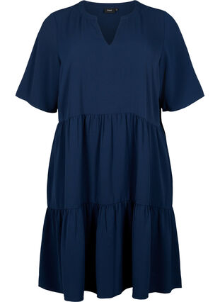 Short sleeve dress with a-line and cutlines, Navy Blazer, Packshot image number 0