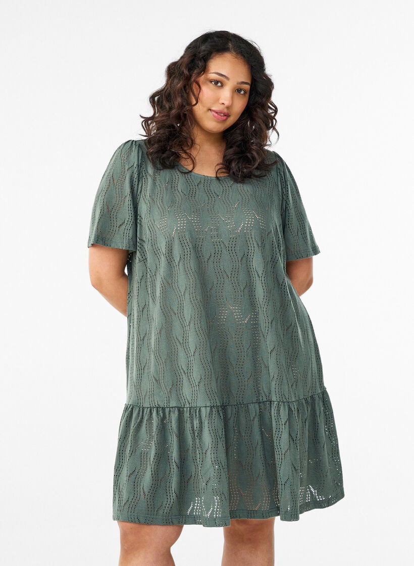 Short jersey dress with eyelet embroidery, Green, Model image number 0