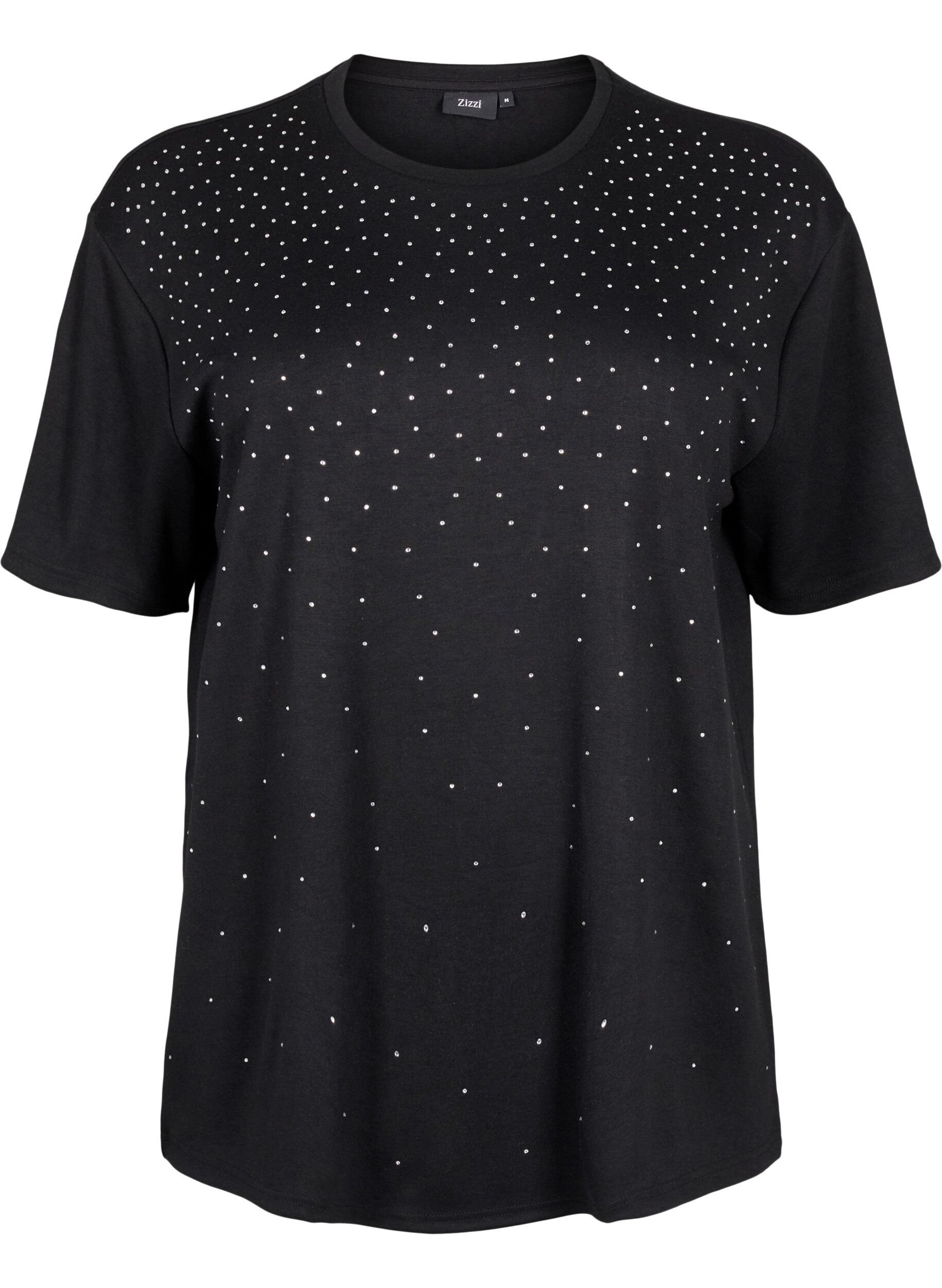 Zizzifashion T-shirt with rhinestones and round neck, Black, Packshot image number 0