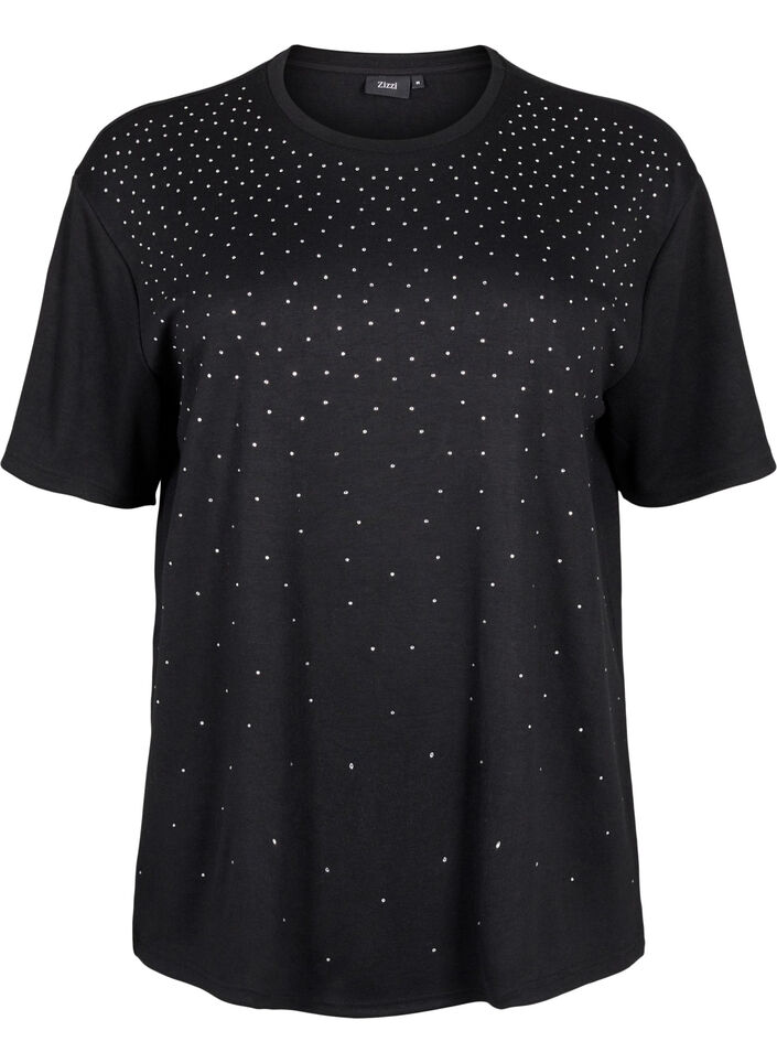T-shirt with rhinestones and round neck, Black, Packshot image number 0