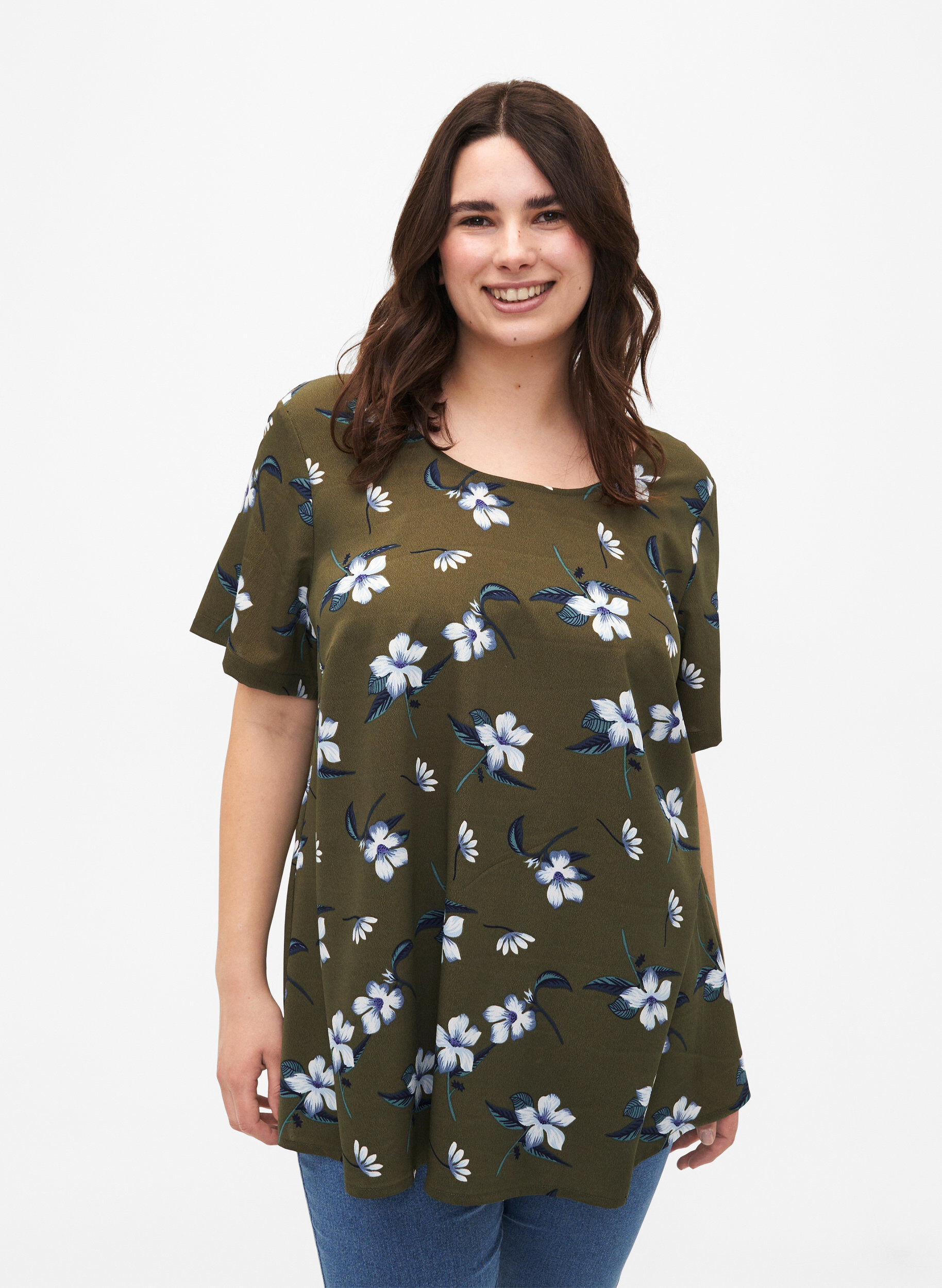 Zizzifashion FLASH - Blouse with short sleeves and print, Olive Night Flower, Model image number 0