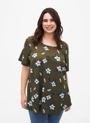 FLASH - Blouse with short sleeves and print, Olive Night Flower, Model image number 0