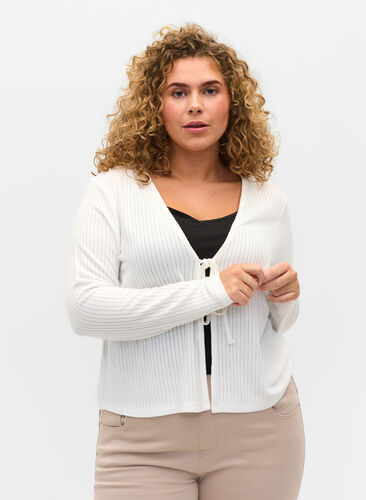 Ribbed cardigan with tie-string, White, Model image number 0