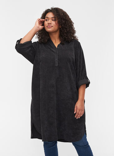 Velvet dress with 3/4-length sleeves and buttons, Black, Model image number 0