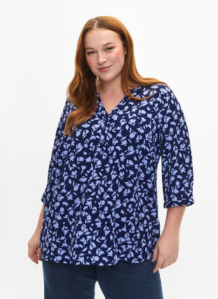 Floral blouse with 3/4 sleeves, M. Blue Flower AOP, Model image number 0