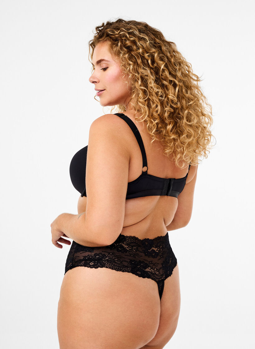 Microfiber thong with lace, Black, Model image number 1
