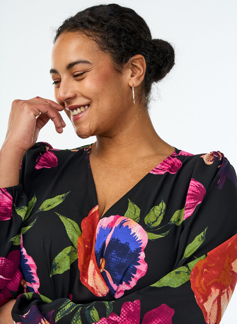 Maxi dress with a wrap-over neckline and long sleeves, Black, Model image number 2