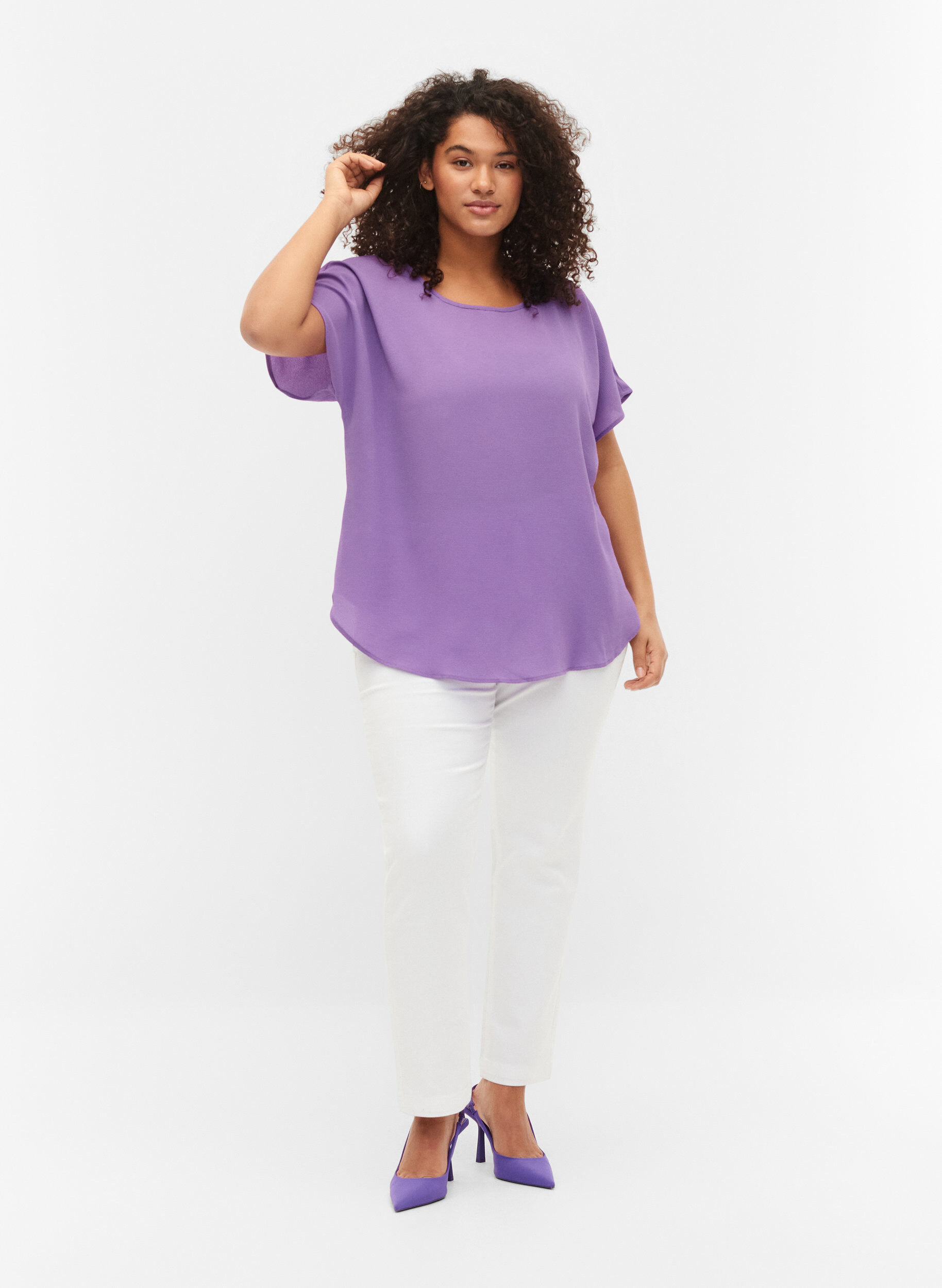 Zizzifashion Blouse with short sleeves and a round neckline, Purple, Model image number 1