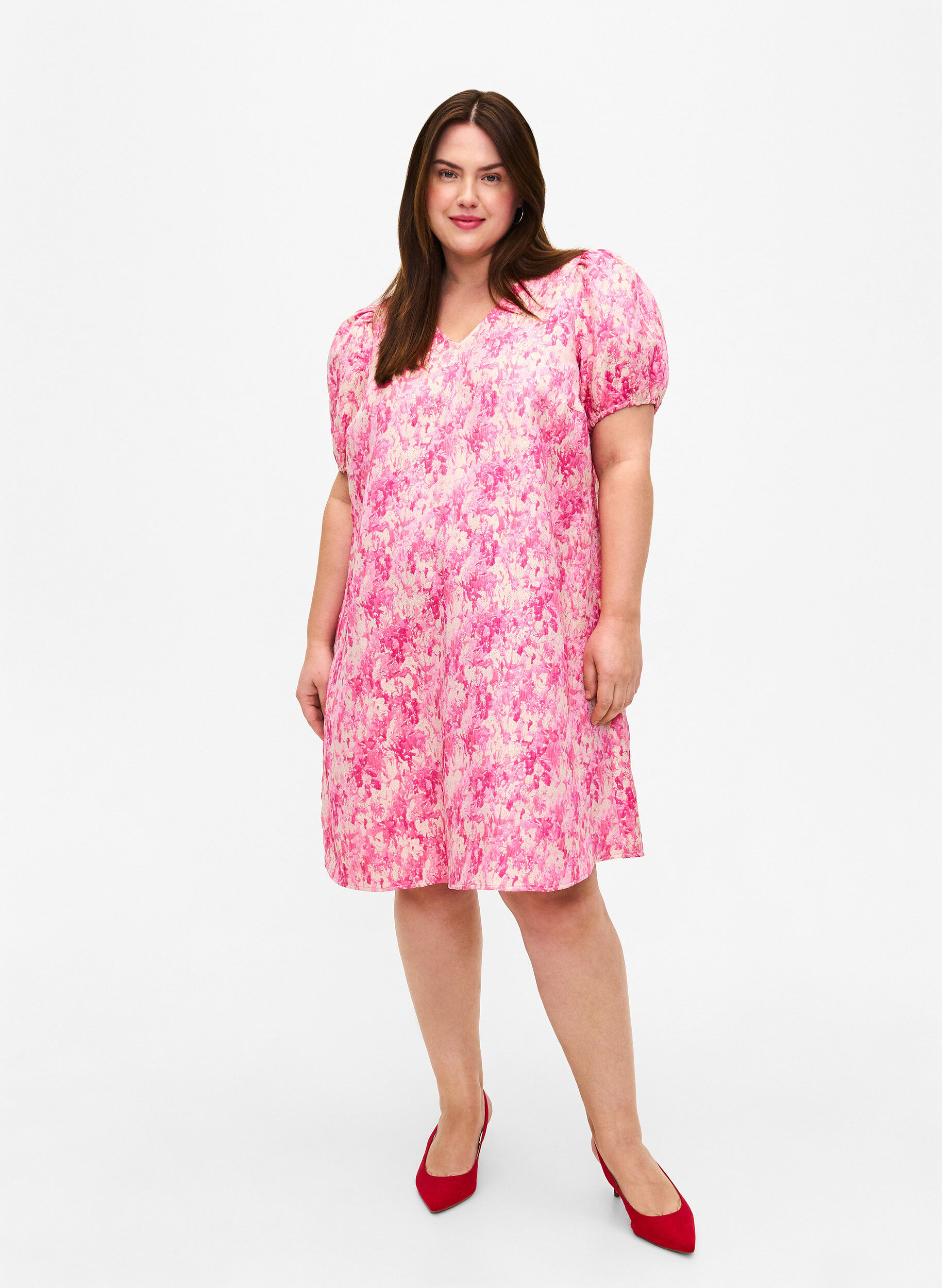 Zizzifashion Dress with short puff sleeves, Chateau Rose AOP, Model image number 2