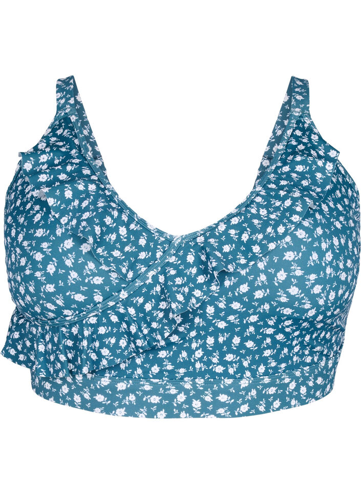 Floral bikini top with ruffle details, Petrol, Packshot image number 0