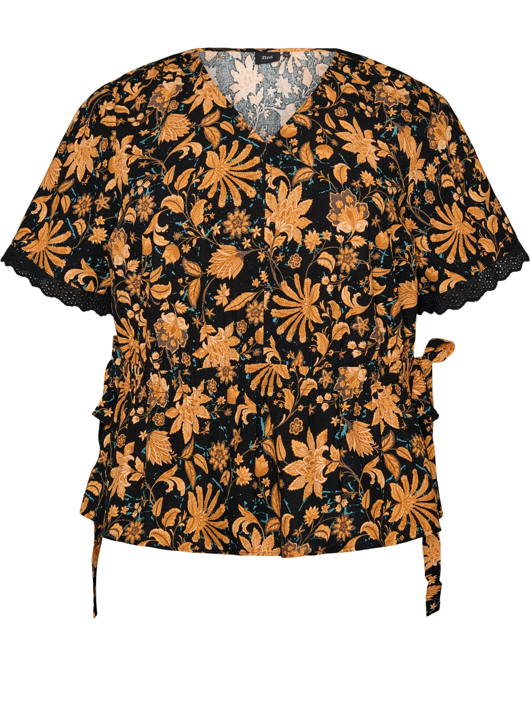 ZizzifashionFloral cotton blouse with tie-fastening, Orange, Packshot image number 0