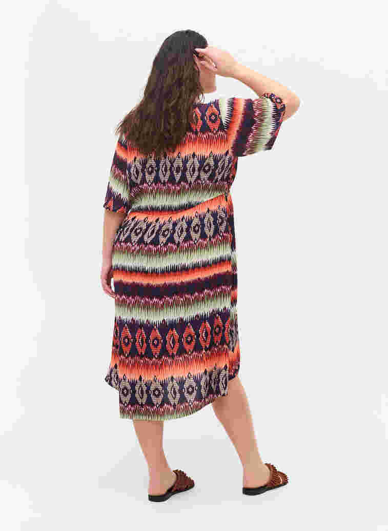 Beach dress in viscose with adjustable waist, Ethnic AOP, Model image number 1