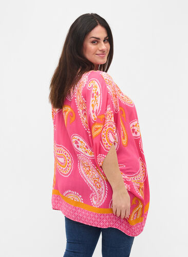 Printed short-sleeved viscose blouse, Pink Paisley, Model image number 1