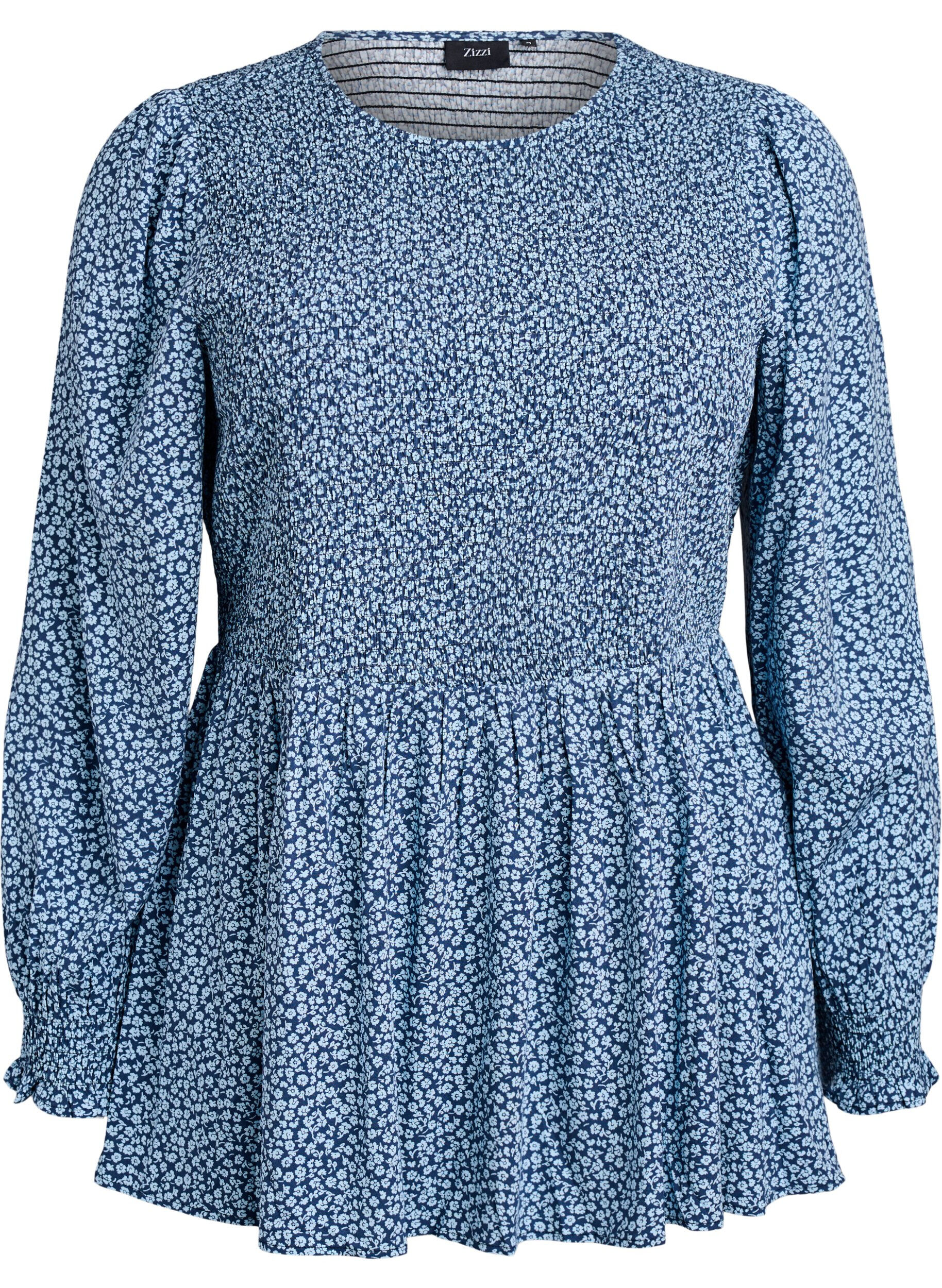 ZizzifashionBlouse with smocked top and floral print, Blue, Packshot image number 0