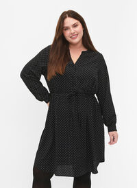 SHOCK PRICE - Printed dress with drawstring at the waist, Black Dot, Model