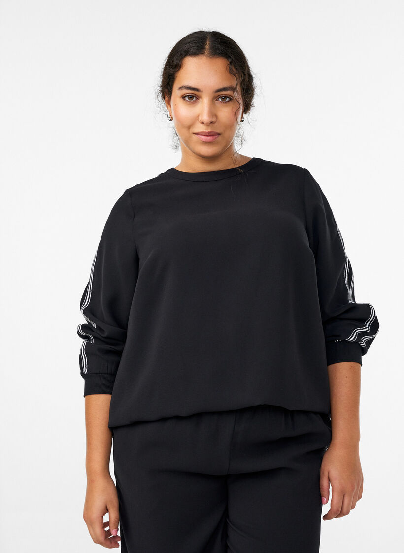 Blouse with stripe detail on the sleeves, Black, Model image number 0