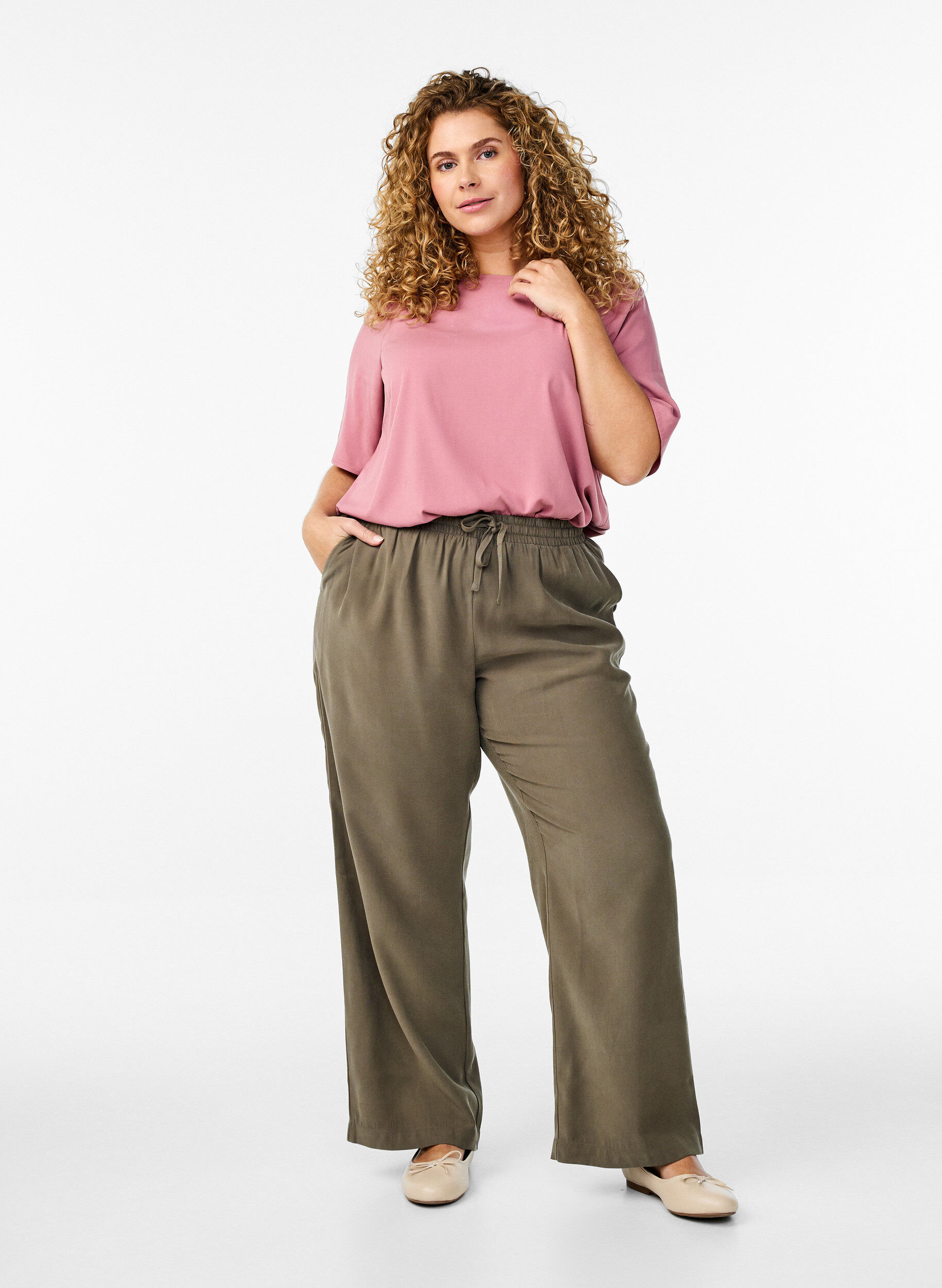 Zizzifashion FLASH - Short-sleeved woven blouse with round neck, Rose, Model image number 1