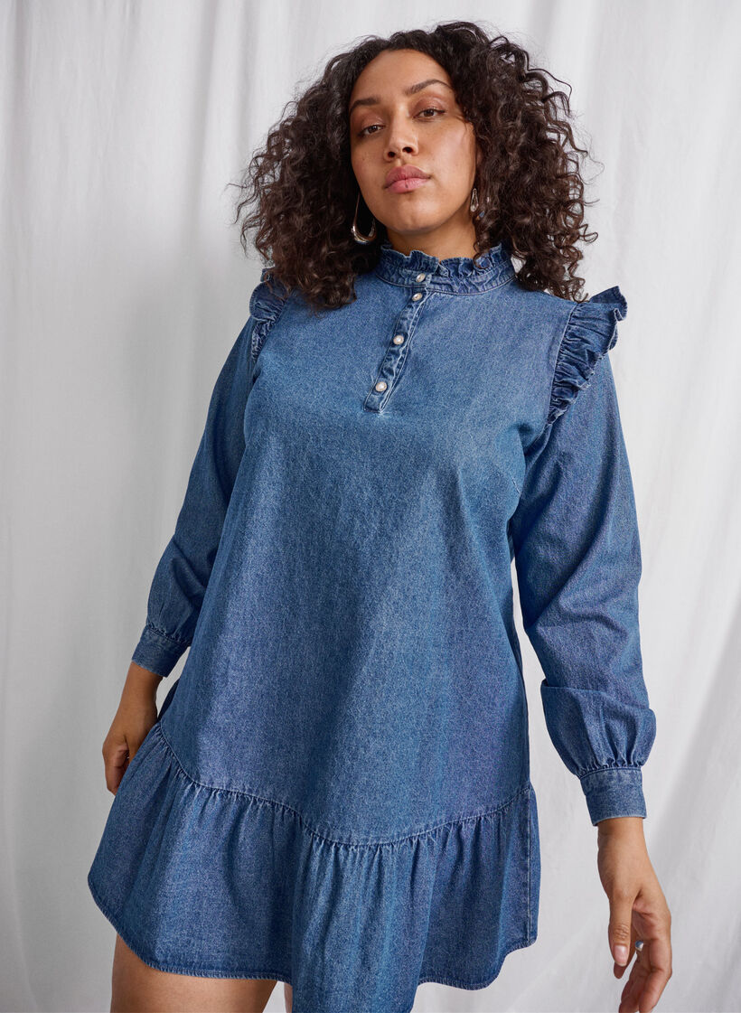 Denim dress with ruffles and A-cut, Blue Denim, Image image number 0