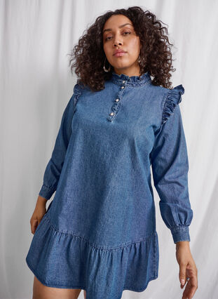 color me pretty ruffle sleeve denim dress MAIN ONE DENIM RUFFLE MAXI DRESS AKIRA