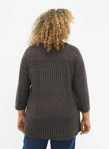 Blouse with 3/4 sleeves and striped pattern, Dark Grey Melange, Model image number 1