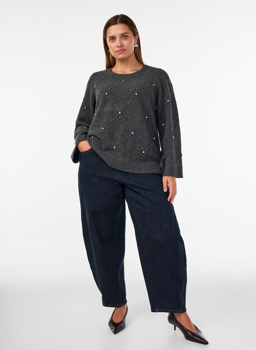 Knitted blouse with rhinestones and diamond pattern, Dark Grey, Model image number 1