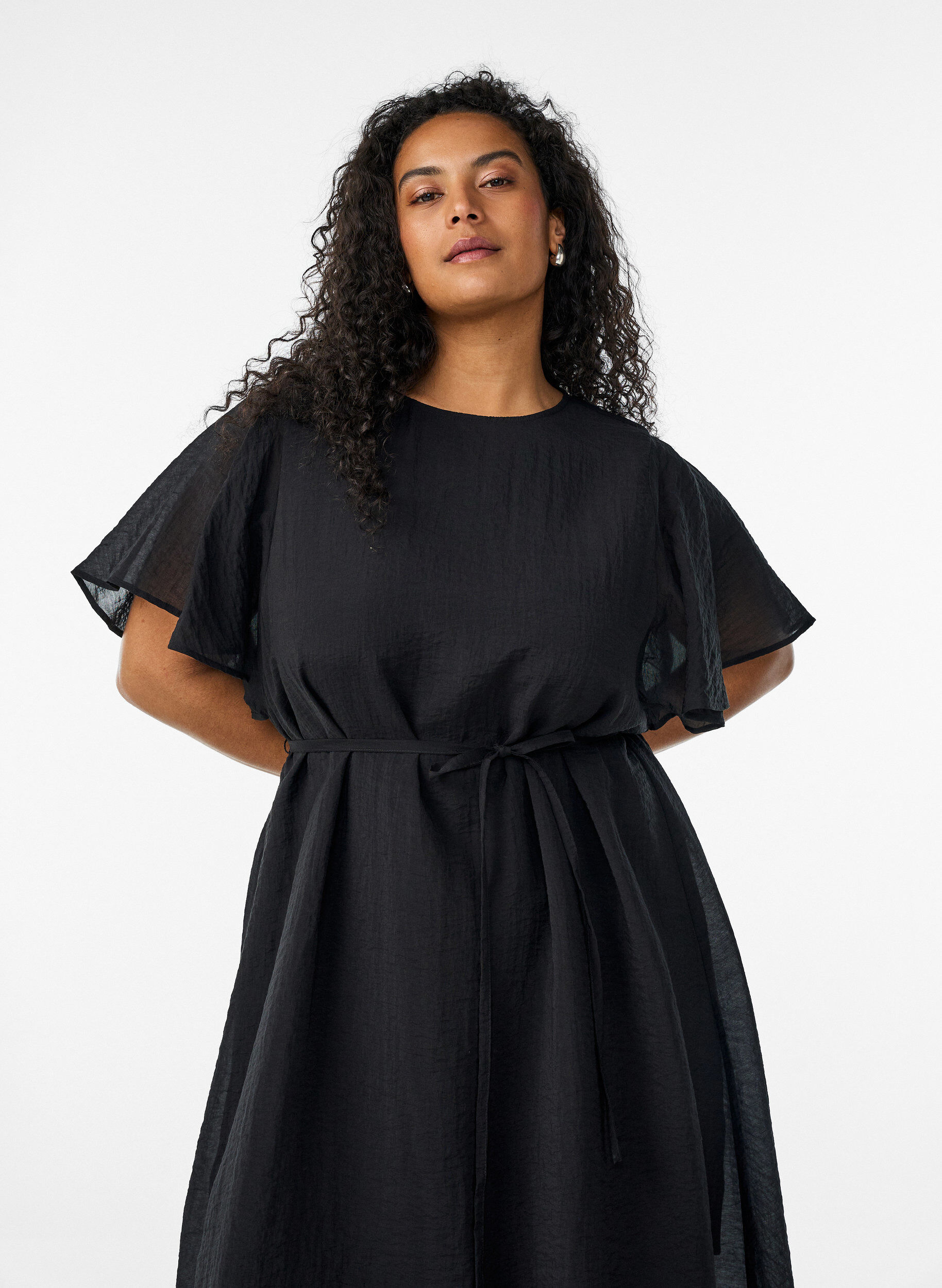 ZizzifashionAnkle-length dress with flutter sleeves and tie-waist, Black, Model image number 2