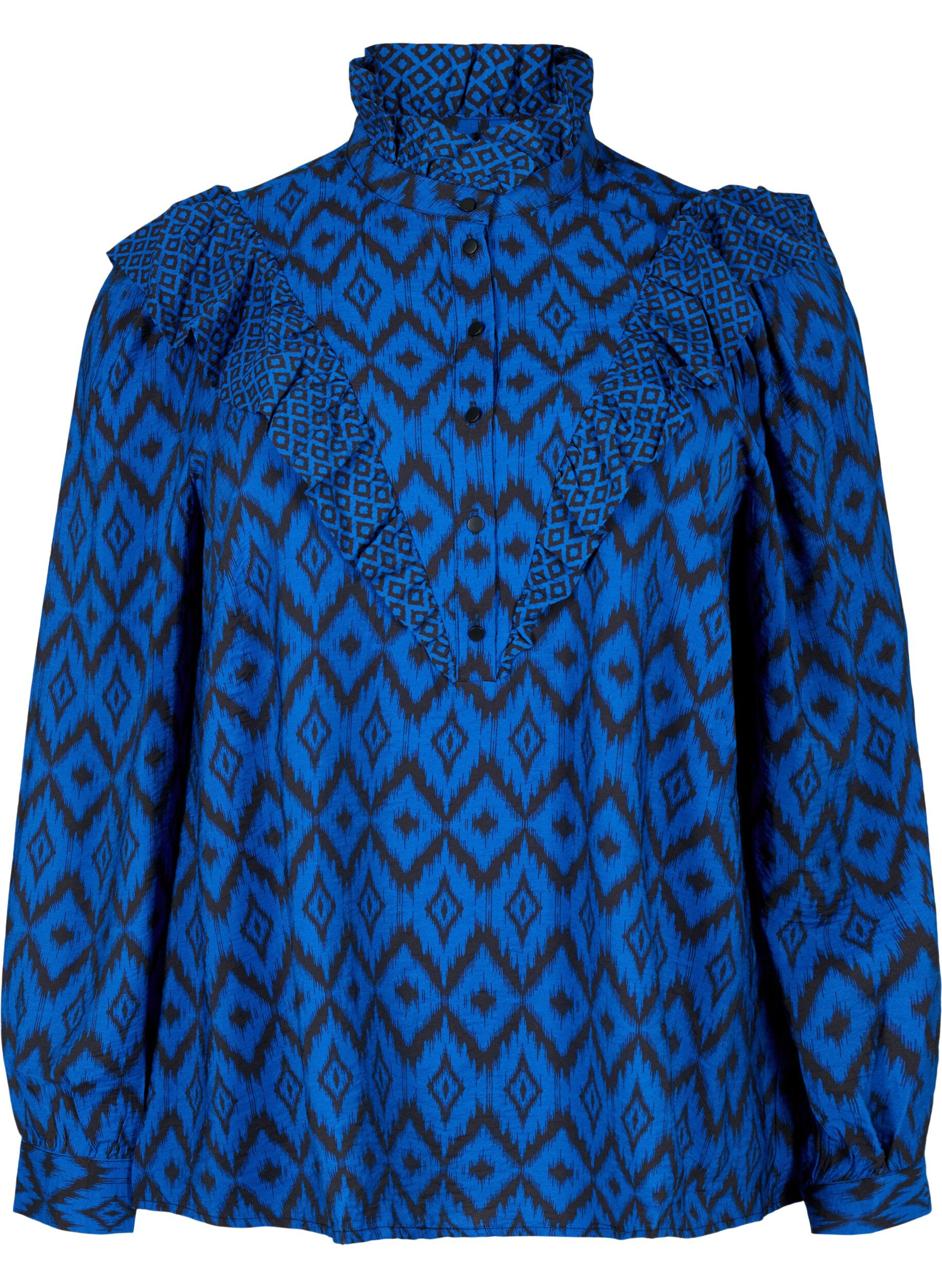 Zizzifashion Shirt blouse in viscose with frilled details, True blue w. Black, Packshot image number 0