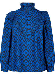 Shirt blouse in viscose with frilled details, True blue w. Black, Packshot
