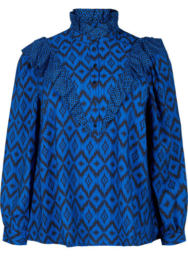 Shirt blouse in viscose with frilled details, True blue w. Black, Packshot image number 0