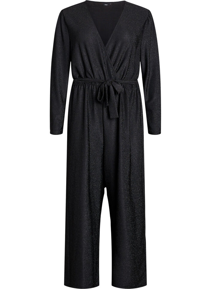 Jumpsuit with glitter and tie-belt, Black, Packshot image number 0
