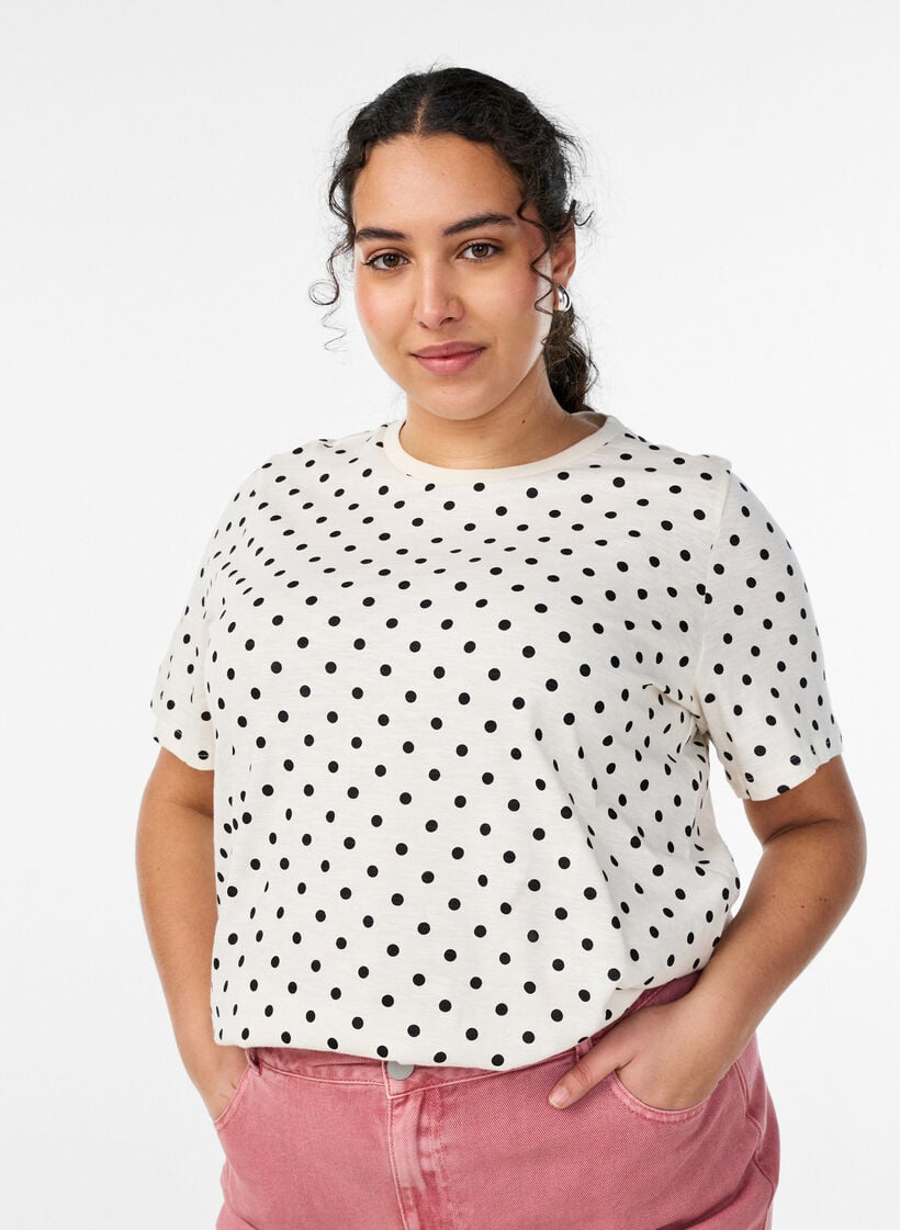 Polka dot cotton T-shirt, Vanilla, Model image number 0