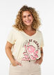 Cotton T-shirt with front print and V-neck, Beige, Model image number 0