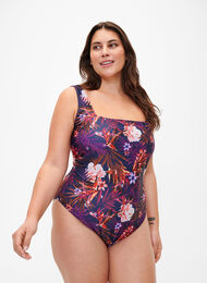 Swimsuit with floral print, Purple Flower, Model