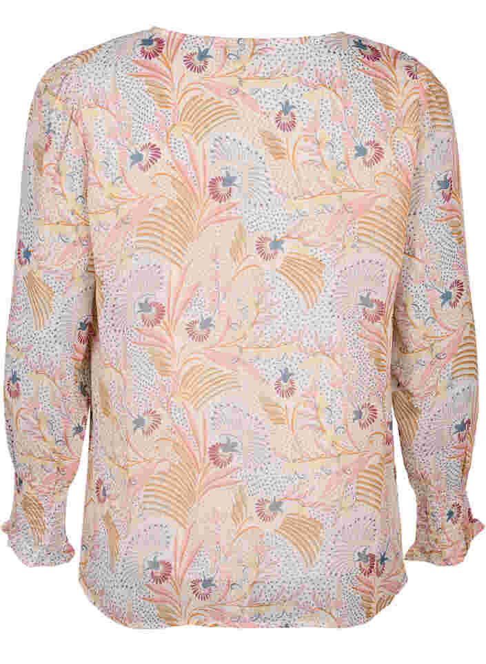 Floral blouse with long sleeves and v neck, Yellow/Pink AOP, Packshot image number 1