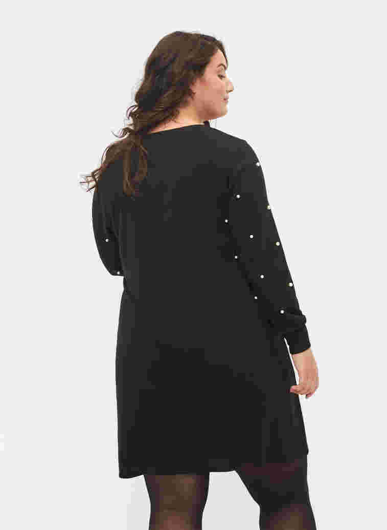Long sleeve dress with pearl details, Black, Model image number 1