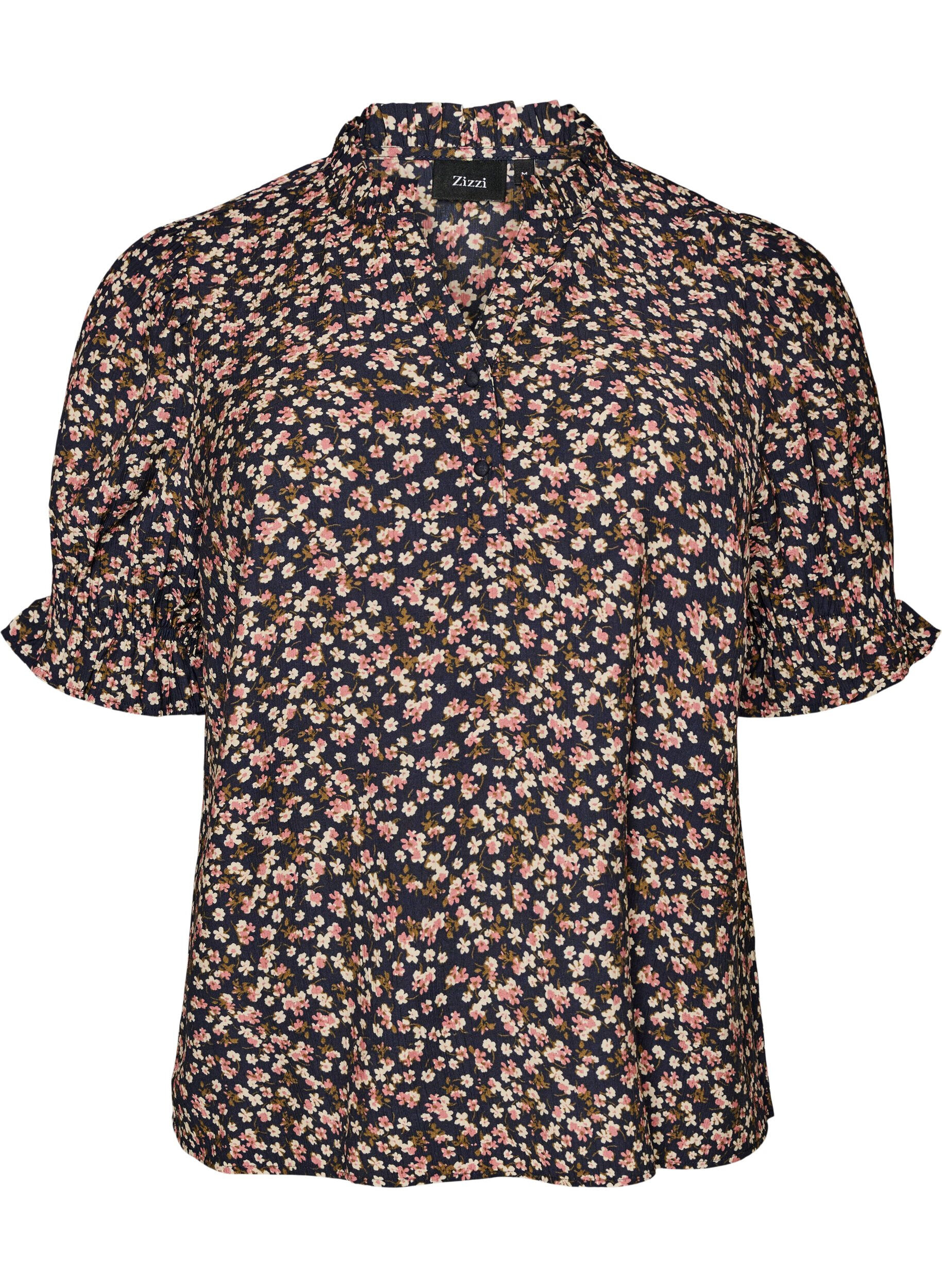 Floral viscose blouse with short sleeves and smock details