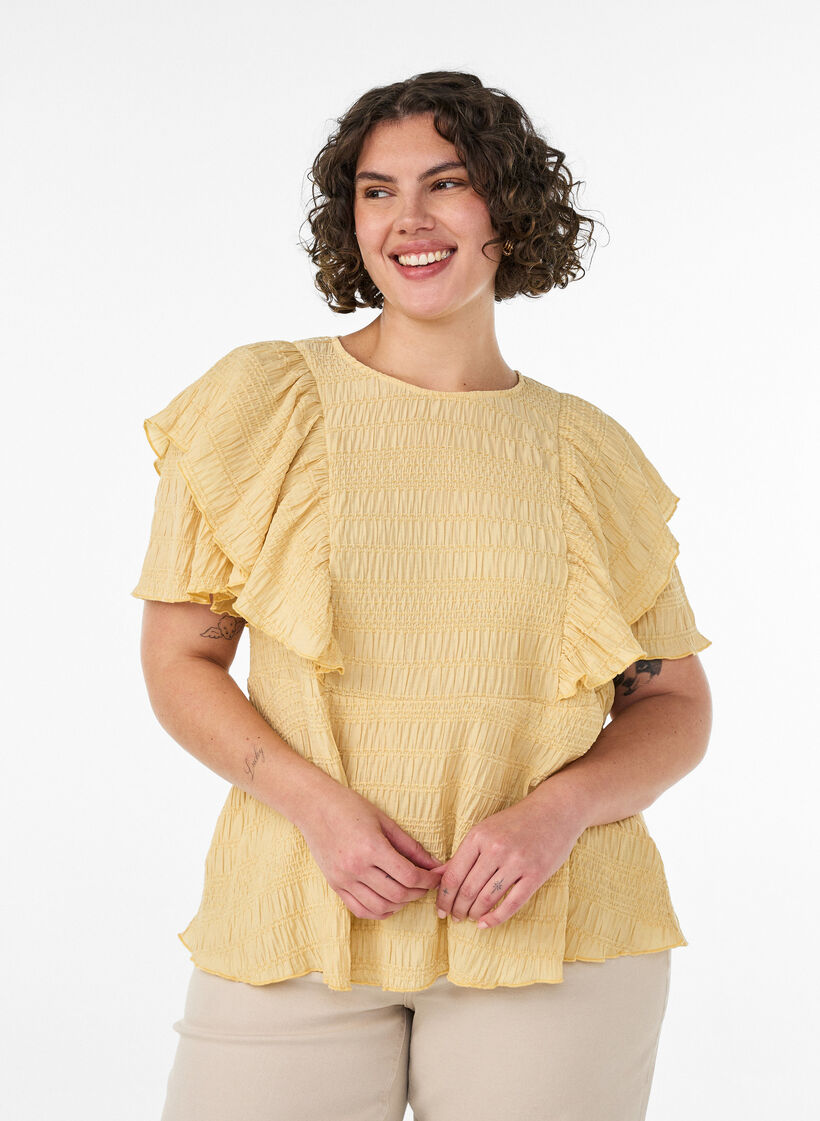 Blouse with smocked texture and ruffle sleeves, Yellow, Model image number 0