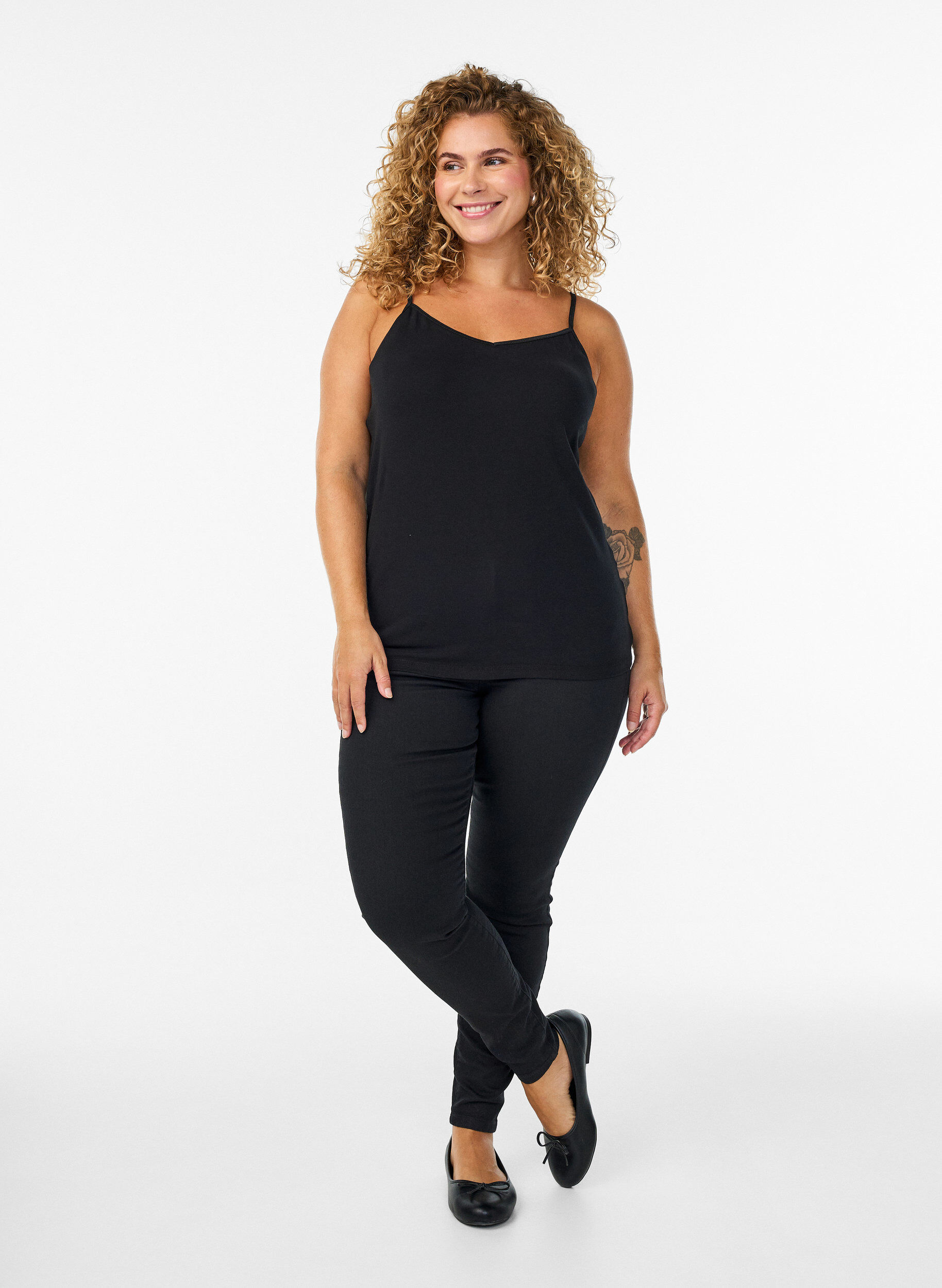 ZizzifashionBasic cotton spaghetti strap top, Black, Model image number 1